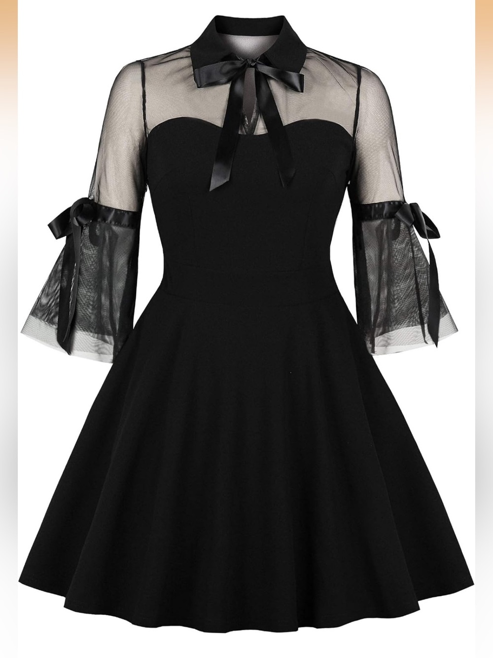 Amazon Wellwits Black Sheer Bell Sleeve Fit & Flare Skater Dress with Satin Bows
